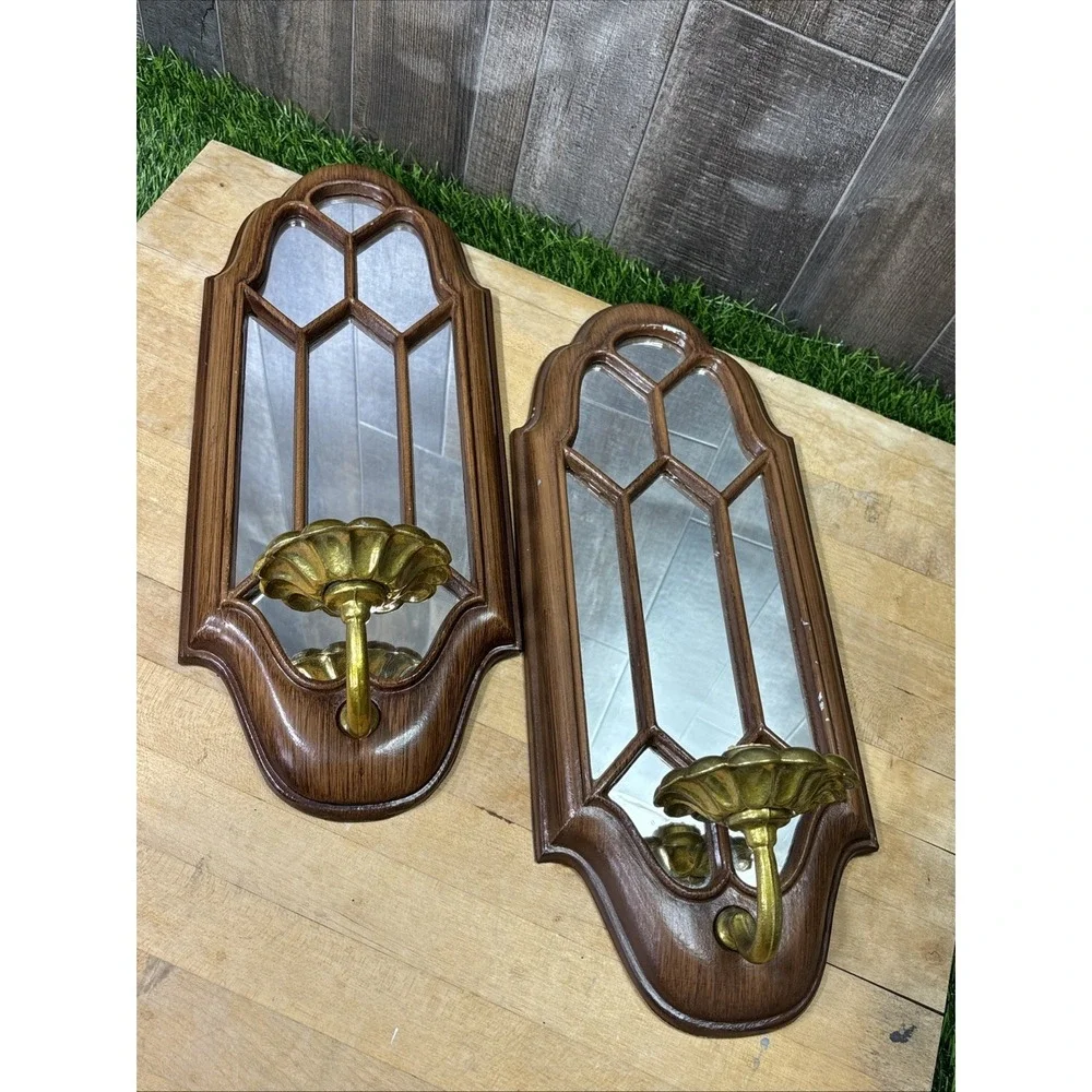 Vintage Gothic Cathedral Wall Sconces Pink Hurricane Glass Mirror Set Of 2
